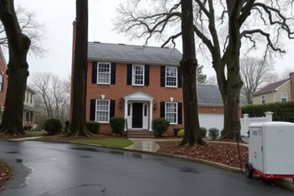 A Northern Virginia brick colonial with wet pavement after heavy rain.